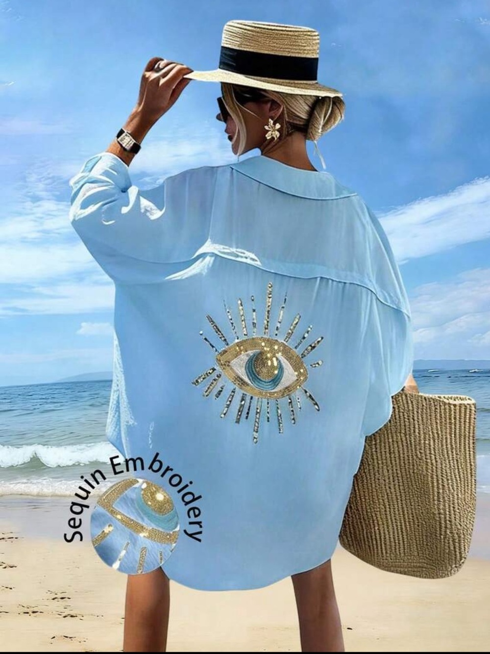 Light Blue Evil Eye Sequin Embroidered Beach Cover-Up - Women Swim